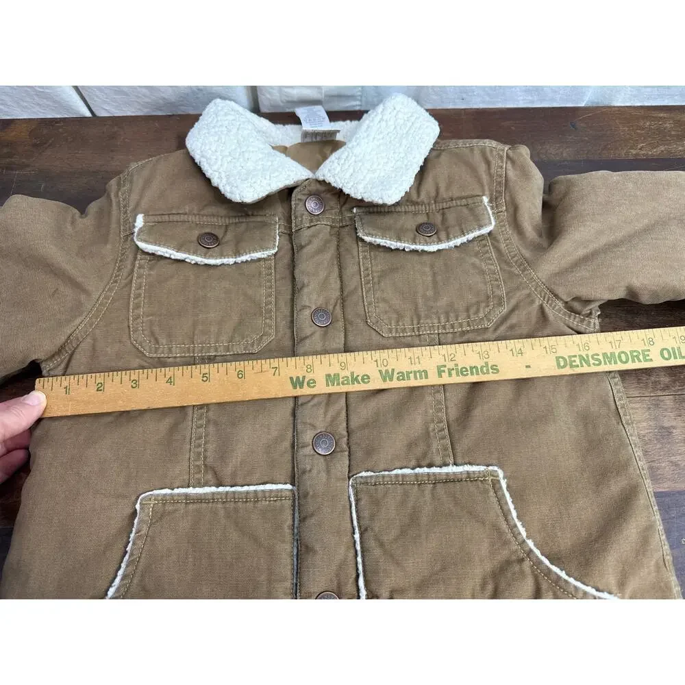 Gymboree Brown Cotton Canvas Sherpa Trim Coat Jacket Boy's Size Medium (7-8)